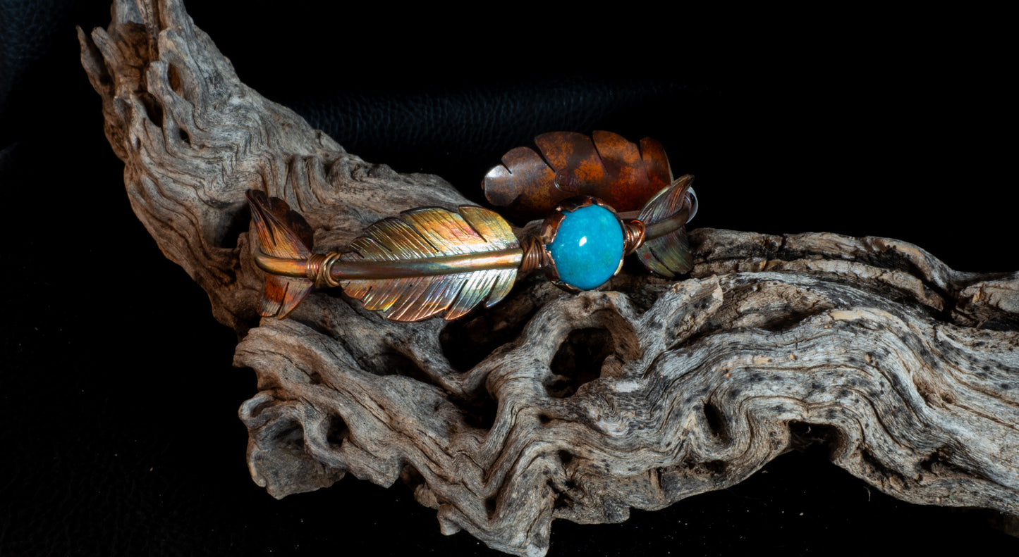 Flame Painted Copper Feather Cuff Bracelet with Kingman Turquoise