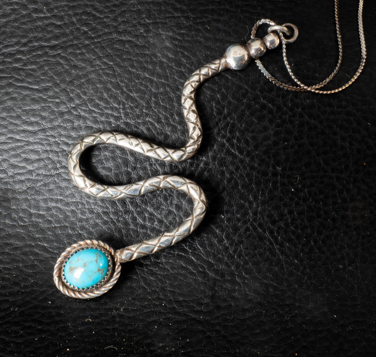 Handmade Sterling Silver Rattlesnake Pendant with Kingman Turquoise on 18" Chain