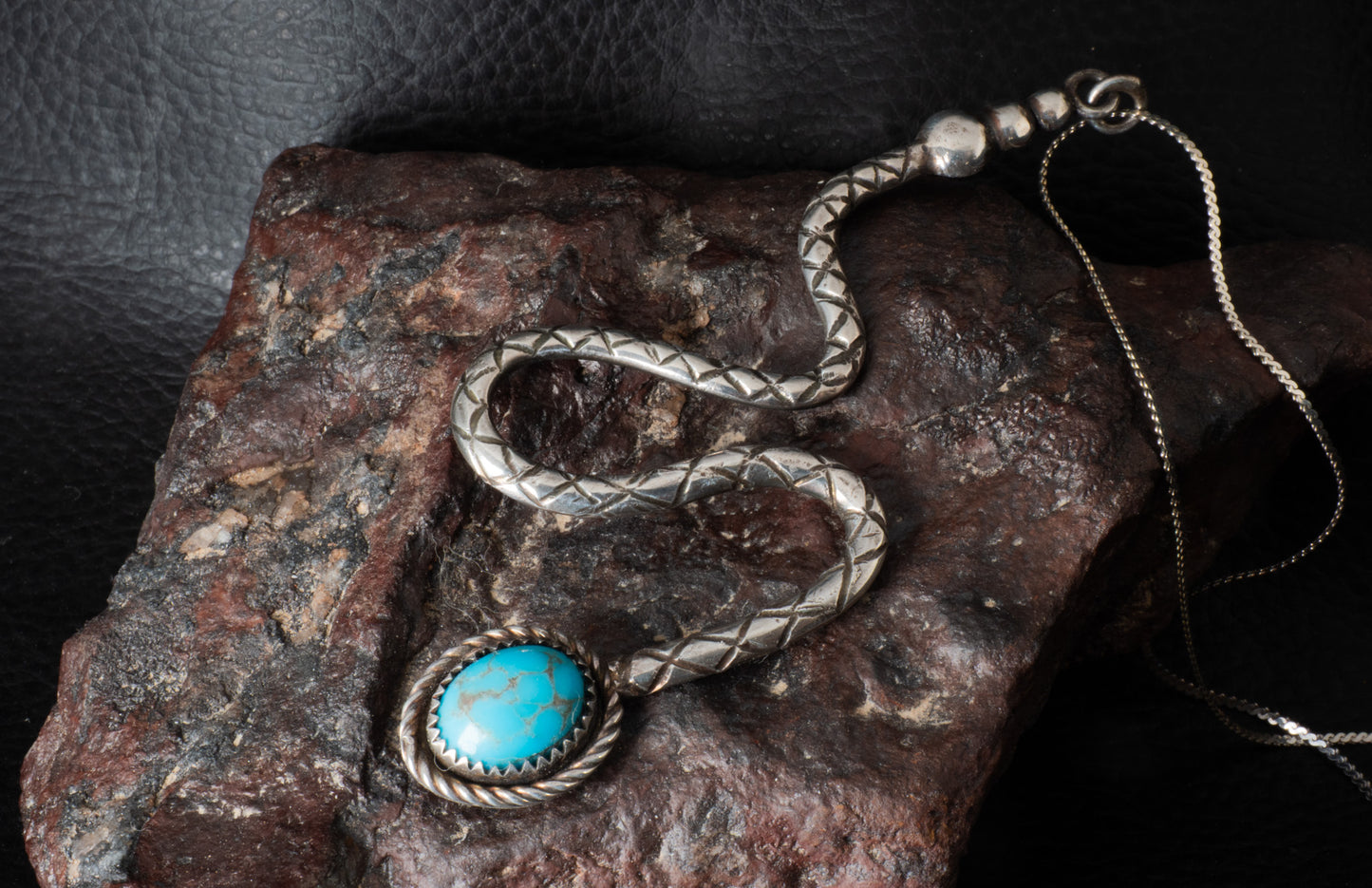 Handmade Sterling Silver Rattlesnake Pendant with Kingman Turquoise on 18" Chain
