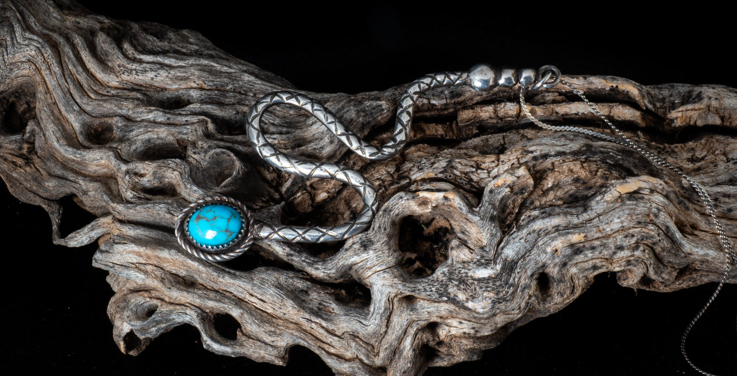 Handmade Sterling Silver Rattlesnake Pendant with Kingman Turquoise on 18" Chain