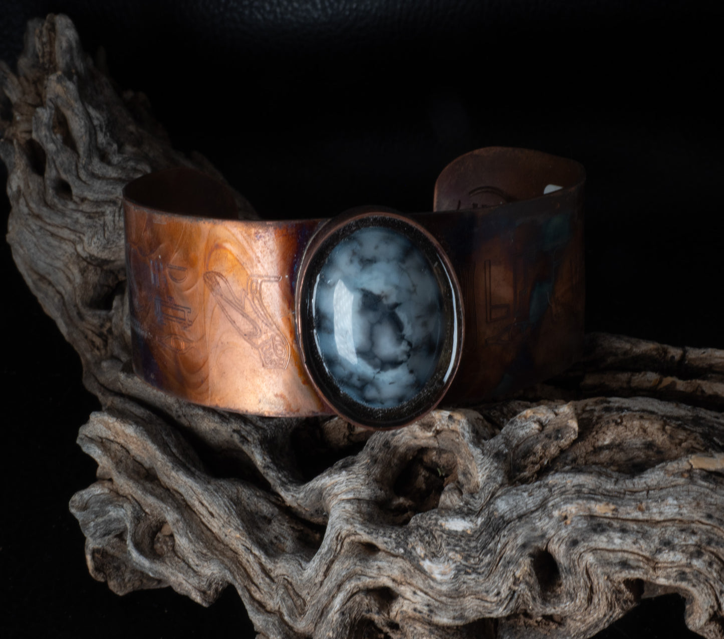 Flame Painted Copper Cuff Bracelet with Egyptian Hieroglyph Engravings & Man-Made Stone