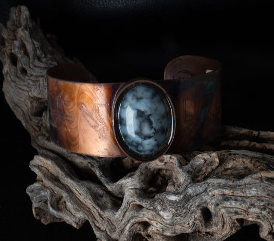 Flame Painted Copper Cuff Bracelet with Egyptian Hieroglyph Engravings & Man-Made Stone