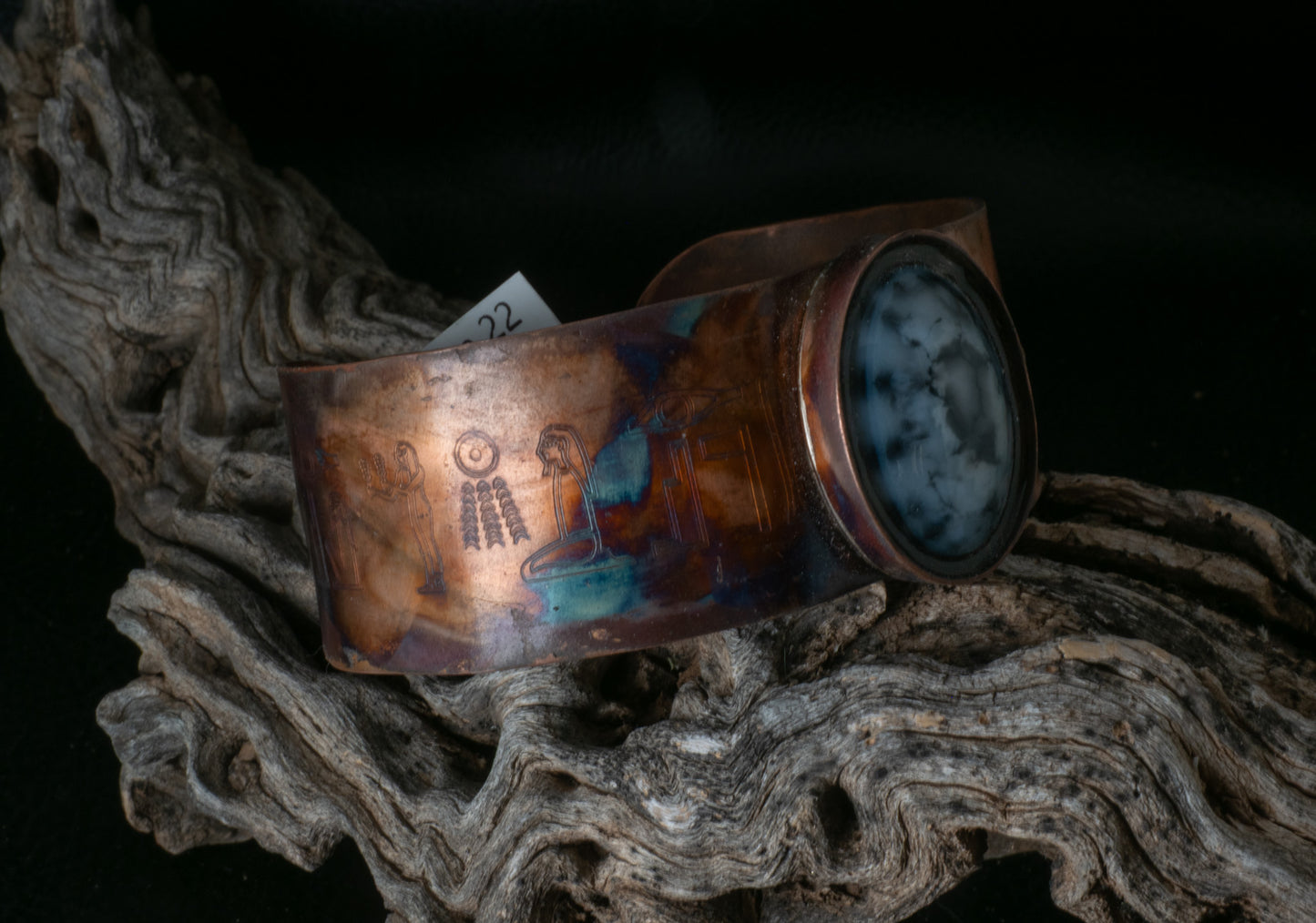 Flame Painted Copper Cuff Bracelet with Egyptian Hieroglyph Engravings & Man-Made Stone