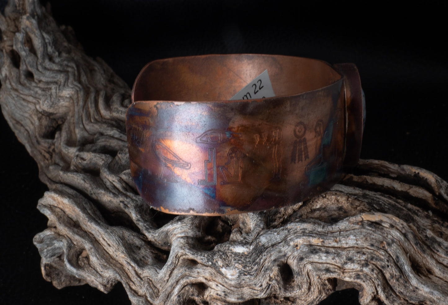 Flame Painted Copper Cuff Bracelet with Egyptian Hieroglyph Engravings & Man-Made Stone