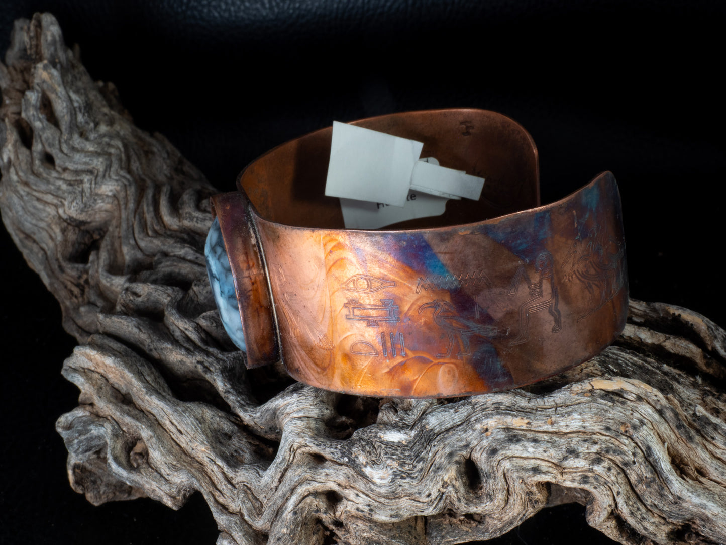 Flame Painted Copper Cuff Bracelet with Egyptian Hieroglyph Engravings & Man-Made Stone