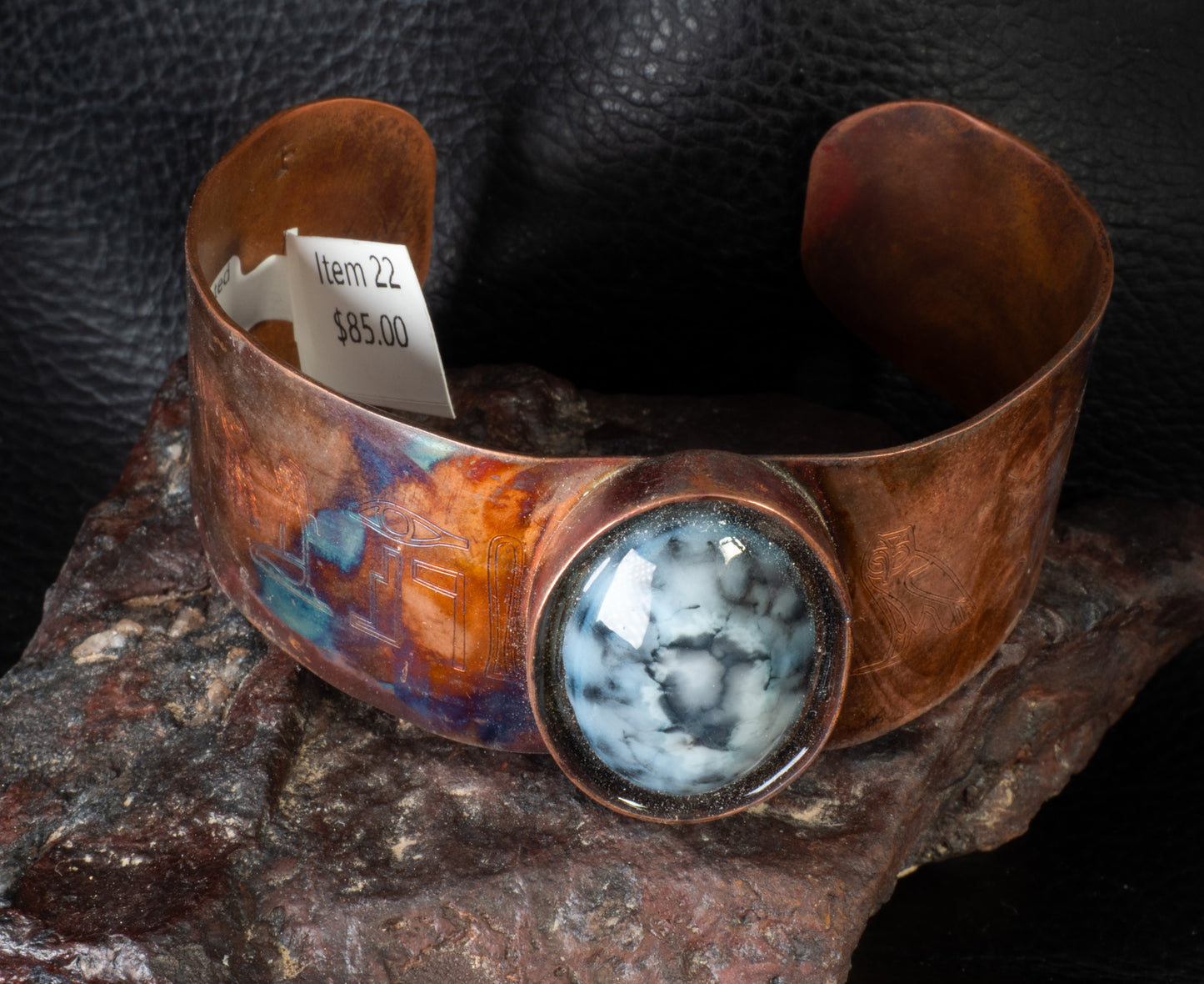 Flame Painted Copper Cuff Bracelet with Egyptian Hieroglyph Engravings & Man-Made Stone