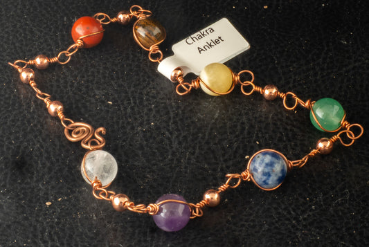 Handcrafted Copper Chakra Anklet with 7 Gemstone Beads