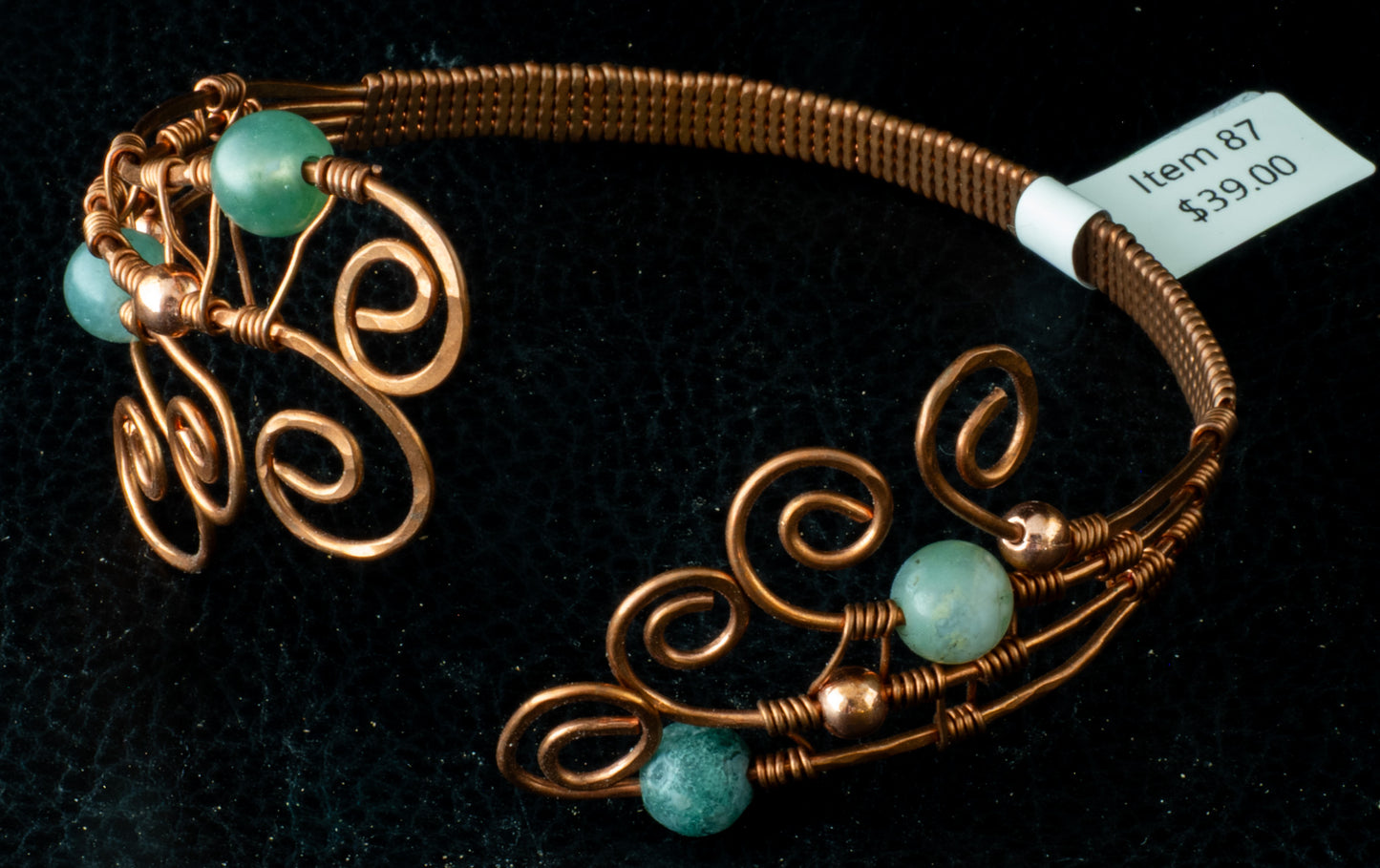 Handcrafted Copper Scroll Wire Cuff Bracelet with Jade Beads