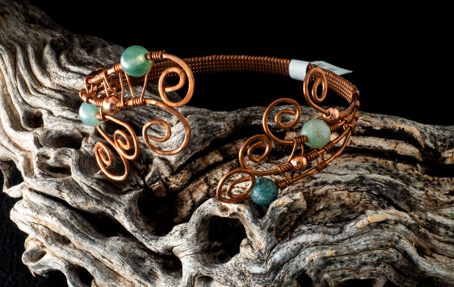 Handcrafted Copper Scroll Wire Cuff Bracelet with Jade Beads