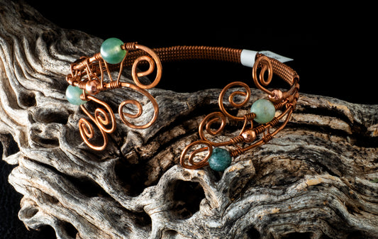 Handcrafted Copper Scroll Wire Cuff Bracelet with Jade Beads