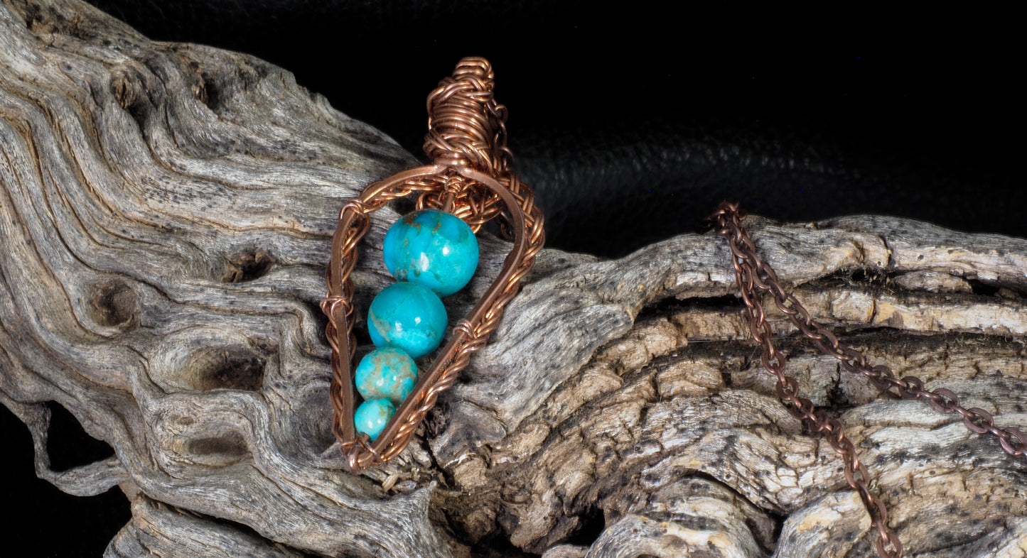 Handcrafted Copper Wire Wrap Pendant with Graduated Kingman Turquoise Beads on Copper Chain